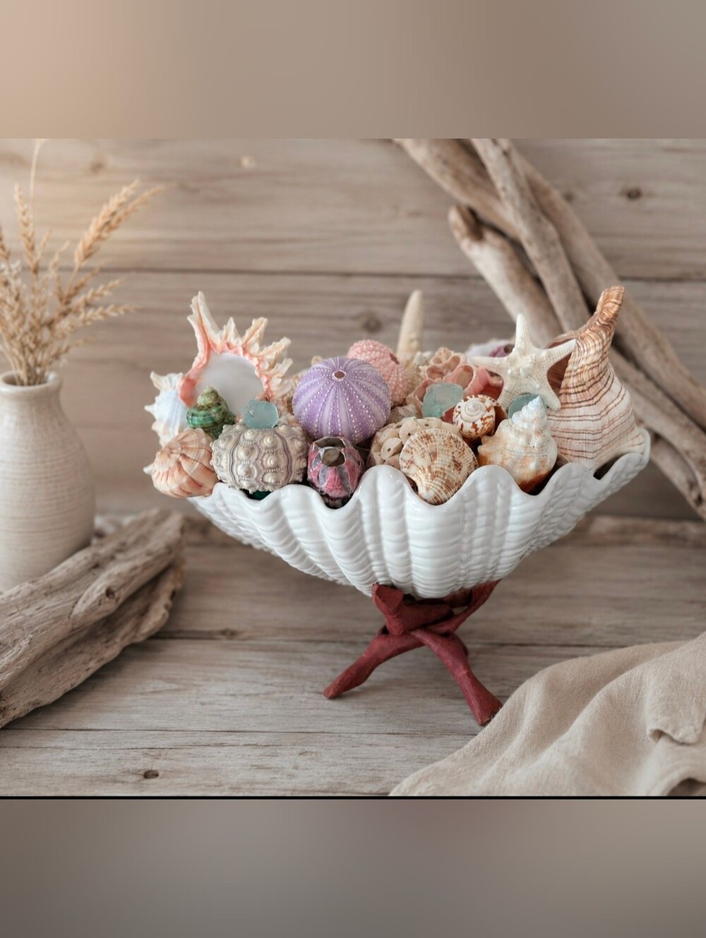 Coastal Shell Centerpiece Bowl | Artistic Seashell Arrangement | Beach Cottage